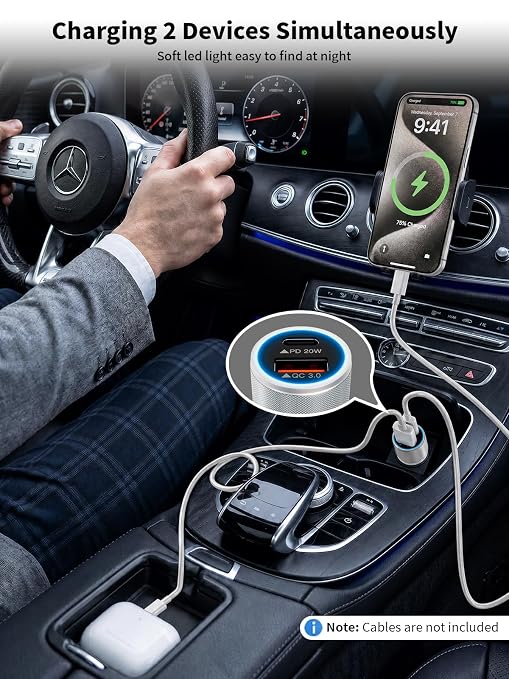 iPhone 17/16/15 Car Charger Fast Charging 2-Port Cigarette Lighter USB Charger,Dual USBA and USB C Car Adapter 2Pack Compatible with iPhone 17e/17 Pro/Air/16e/16 Plus/15 Pro Max,iPad mini/Air,Airpods