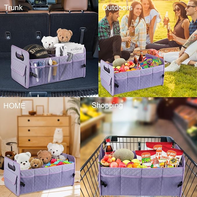 Car Trunk Organizers and Storage for SUV, Collapsible Multi Compartment Container Box Adjustable Car Accessories for Women Men, Light Purple