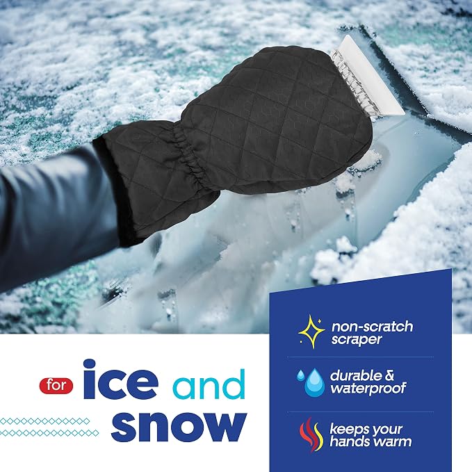 Ice Scraper with Glove - Car Windshield Scraper for Ice and Snow w/Fleece Mitt - Quickly Scrape and Remove Snow While Staying Warm - Waterproof & Windproof - Car Scraper Snow Brush (Black)