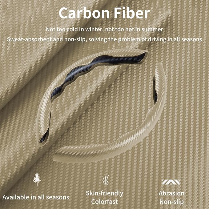 3Pcs Carbon Fiber Steering Wheel Cover Universal Fit 99% Cars | Non-slip soft grip, easy to wipe clean, quick to install, perfect for daily commutes and road trips, Beige