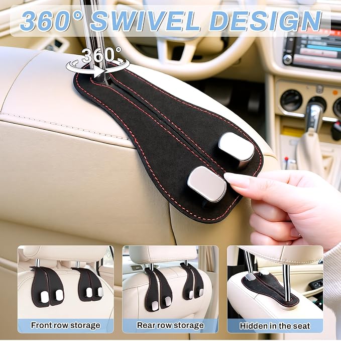 2PCS Car Purse Holder Hook, Seat Back Storage Hook, Leather-Wrapped Alloy Double Headrest Hook for Purses & Bags, Cute Car Interior Accessories for Women and Men, Black