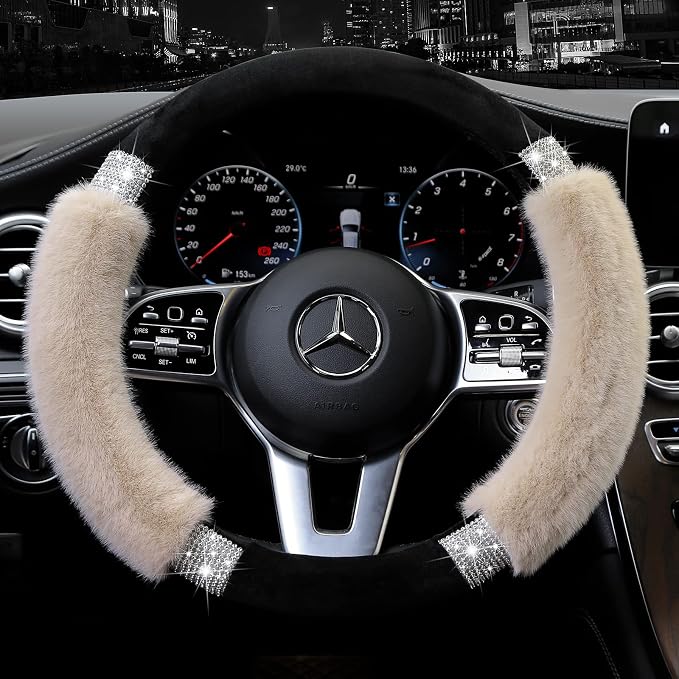 Steering Wheel Cover, Fluffy, Universal Rhinestone, Comfortable, Non-Slip Luxurious Faux Wool,Bedazzled Car Accessories for Women, Fits for 14.5 to 15 Inch