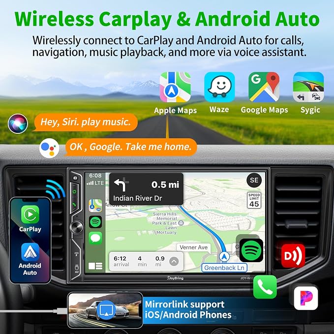 [QLED Screen Upgrade] 7" Double Din Car Stereo with Dash Cam, Wireless Apple CarPlay and Android Auto, Bluetooth, 240W 4.2-Channel Audio Output, MirrorLink, Backup Camera, AM/FM Car Radio