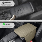 Car Center Console Cover, Leather Car Armrest Cushion with 2 Storage Pockets, Universal Waterproof Cushion Pad, Non-Slip Car Interior Accessories, Fits Most Sedans SUVs Trucks (Light Beige)