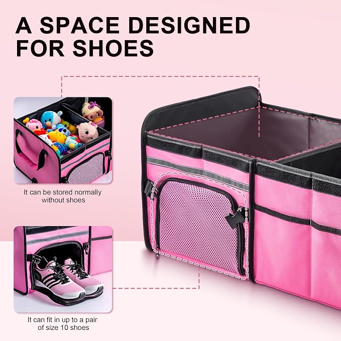 Bold Color Block Trunk Organizer | 95L, 35"x13.8"x11.8" | Dedicated Shoe Storage & 26L Ice Pack | Foldable for SUV/Car/Jeep | Stylish Gift & Car Accessories for Men & Women - Pink-X212