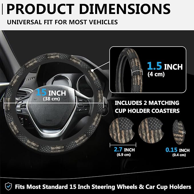 Camo American Flag Steering Wheel Cover for Women, Anti-Slip Car Steering Wheel Cover with 2 Pcs Cup Holders Neoprene Breathable Car Accessories Universal 15 Inch Auto Interior Decor