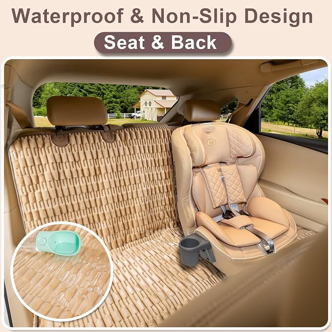Dog Car Seat Cover for Back Seat, Soft Plush Waterproof Pet Protector with Non-Slip Bottom, Full Coverage Bench Cover Against Hair, Dirt and Scratches for Cars SUVs and Trucks (Tan, Back)