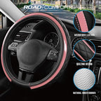 Leather Steering Wheel Cover – Black & Pink, Universal Fit 14.5-15 Inch, Microfiber Leather, Anti-Slip & Breathable Design for Men and Women