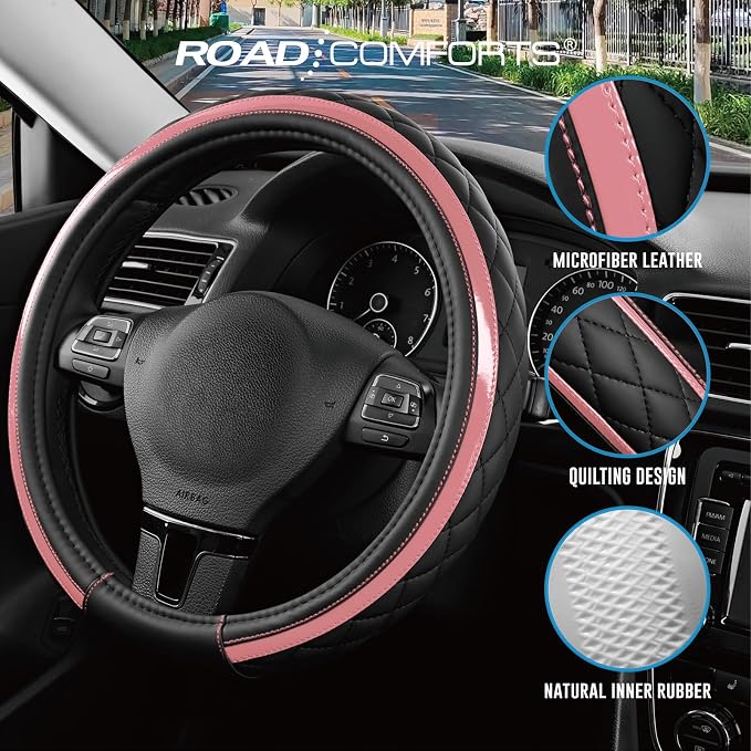 Leather Steering Wheel Cover – Black & Pink, Universal Fit 14.5-15 Inch, Microfiber Leather, Anti-Slip & Breathable Design for Men and Women
