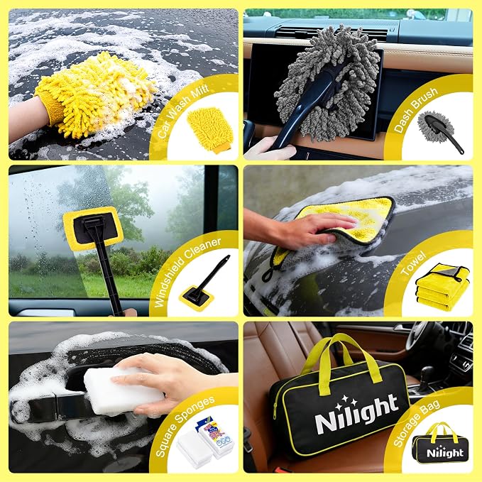 52PCS Car Detailing Kit Auto Cleaning Tools Wash Set with Storage Carry Bag Home Use for Interior Exterior Deep Clean Polish Car Care Windshield Dashboard Seat Air Vents Wheels Tires, Yellow