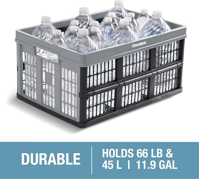 Collapsible Utility Crates - Red 1pck 45L / 11 Gal holds 66 lbs - Stackable Containers Heavy Duty Capacity Crates Space-Saving Baskets