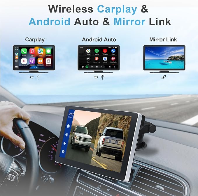 9 Inch Carplay Screen for Car, Portable Car Play Touchscreen Stereo with 4K Front+1080P Rear Dual Camera, Support Voice Control/Android Auto Mirror Link/Backup Camera