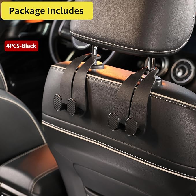 Purse Hook for Car Headrest, Silicone Car Seat Back Storage Hook, Twin Hooks Carbon Fiber Textured Car Headrest Hangers, Bag Holder for Sedan, Trucks, SUVs, Most Vehicles (Black-4PCS)