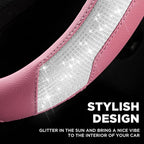 Steering Wheel Cover, Sparkly Crystal Bling Glitter with Pink Leather, Universal Fit 14.5"-15.5" Car Steering Wheels for Girls & Women, Breathable Anti-Slip Steering Wheels Cover