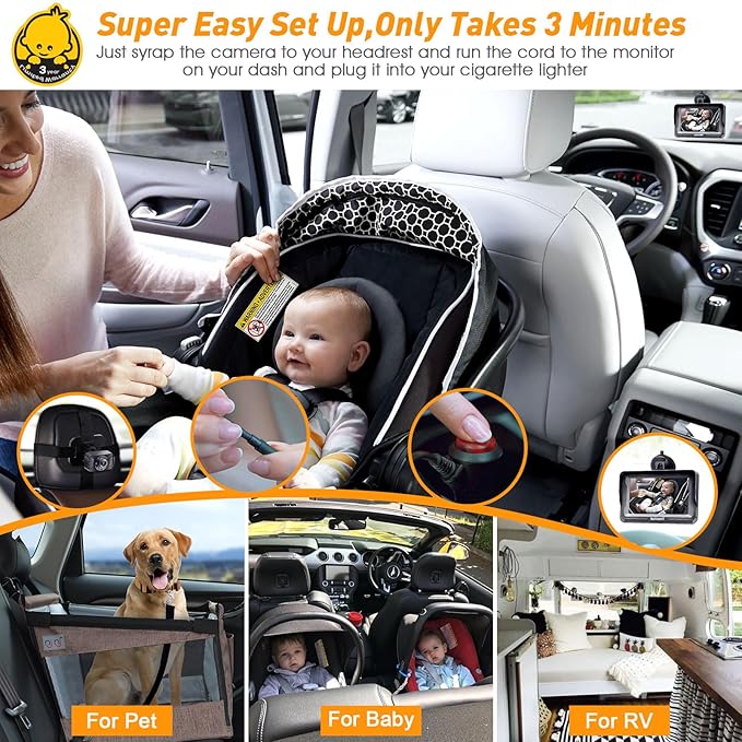 Baby Car Camera HD 1080P - Rear-Facing Car Baby Monitor with Night Vision, Adjustable View Angle, Easy Setup, Anti-Glare Display, Safety for Kids & Infants