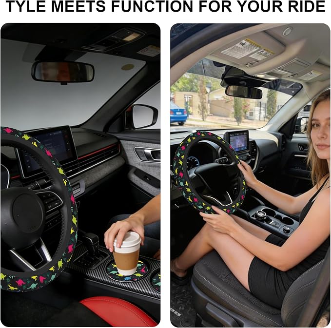 Dinosaur Steering Wheel Cover for Women Girly,Colorful Dino with Paws 15 Inch Non-Slip Breathable Neoprene Steering Wheel Cover Fit Auto,SUVs,Includes 2 PCS Cup Coasters