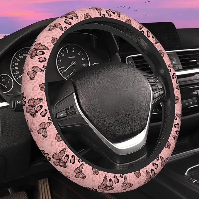 Pink Butterfly Leopard Print Steering Wheel Cover for Women Men Neoprene Breathable Wheel Cover Protector Anti-Slip Car Accessories Universal 15 Inch Fit for Cars Trucks Vehicles