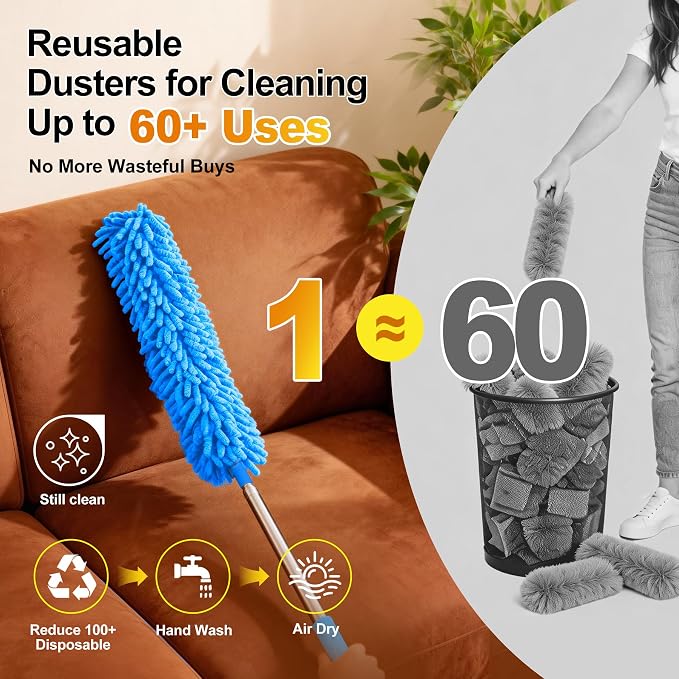 5-in-1 Microfiber Duster Kit with 100” Extension Pole – Reinforced Stainless Steel Telescopic Handle for High Ceiling Fans, Cobwebs & Vents – Multi-Head Dusters for Cleaning with Anti-Spin Pole