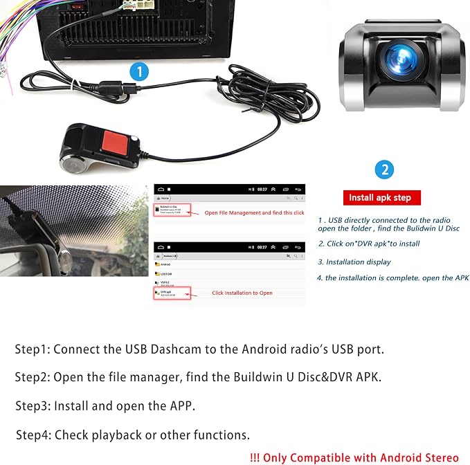 USB Car DVR Camera Video Recorder, USB Dash Cam, WDR Full HD Dash Camera Car Driving Recorder with 64GB Micro SD Card, Wide Angle, Loop Recording Night Vision ADAS 24Hours Monitor