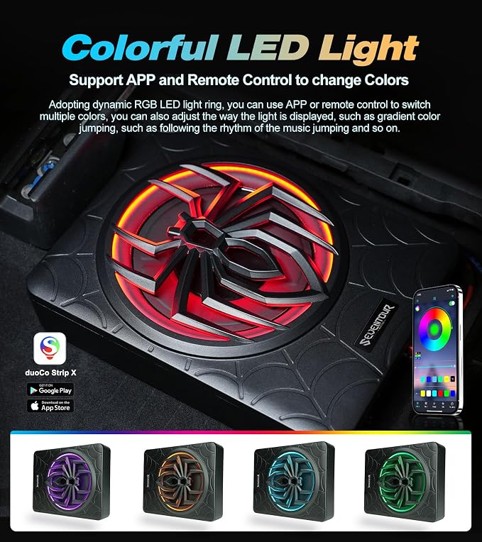 10" 1200W Slim Under Seat Powered Car Subwoofer, Car/Truck Audio Sub Built in Amplifier amp Combo, with RGB LED Light (Subwoofer + Mounting Wire Kit)