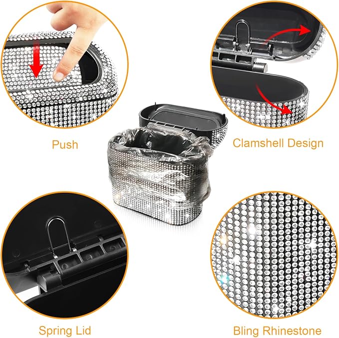 Bling Car Trash Can with 30pcs Garbage Bags, Vehicle Trash Bin with Lid Auto Dustbin Organizer Garbage Storage, Sparkling Crystal Mini Trash Container Holder