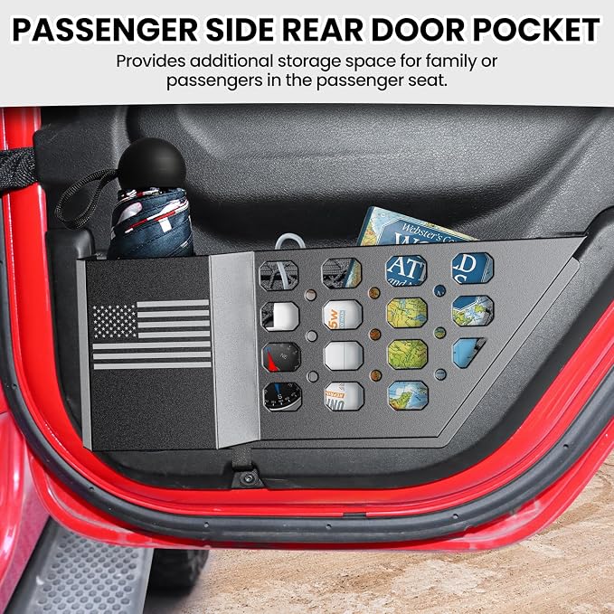 Metal Rear Door Pocket Storage Box for Jeep Wrangler JL JLU 4XE 2018-2026 & Gladiator JT 2020-2023 2023 2024 2025 2026 Accessories Door Storage Organizer Molle Panels, Flag, 2PCS