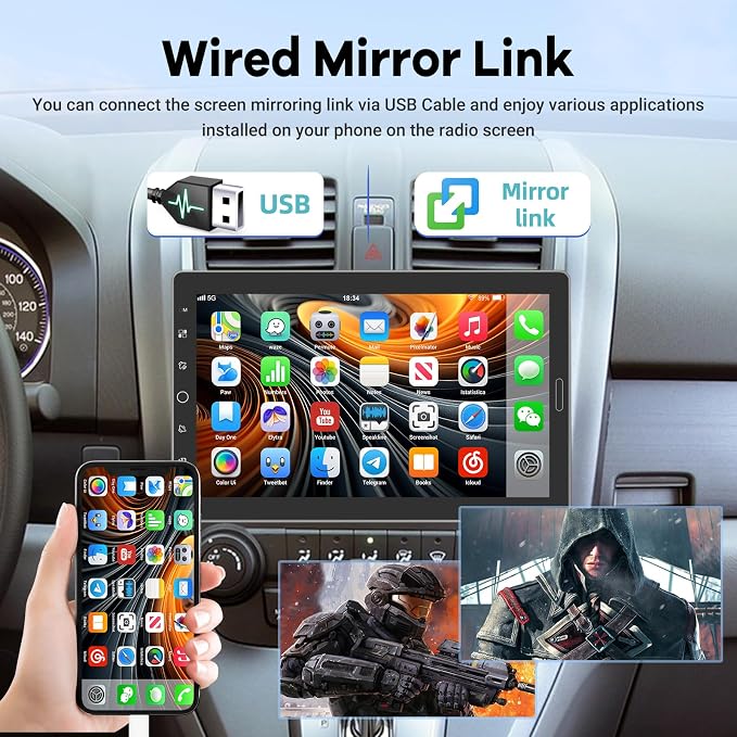 10.1 inch Single Din Car Stereo with CarPlay and Android Auto, 10 inch Touch Screen Radio with Mirror Link/1080P/EQ Audio/SWC/Bluetooth +Backup Camera+MIC