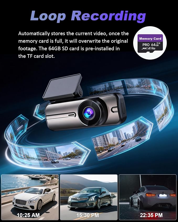 Dash Cam Front and Rear 4K+1080P, Dual Dash Cam with 64GB Card, 5GHz WiFi, App Control, G-Sensor Emergency Recording, Loop Recording, 24H Parking Mode Supports, Dash Camera for Cars