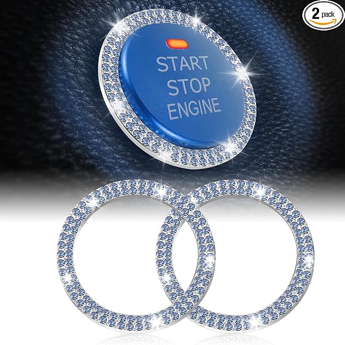 2 PCS Crystal Double Rhinestone Car Engine Start Stop Decoration Ring, Bling Car Interior Accessories for Women, Push to Start Button Cover Sticker, Automotive Decals, Light Blue