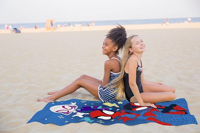 Children Beach Towel - 100% Cotton Super Soft Absorbent Bath Towel, 28" x 58" Inch Lightweight for Travel, Official Licensed Product, Blue - Spidey & His Amazing Friends
