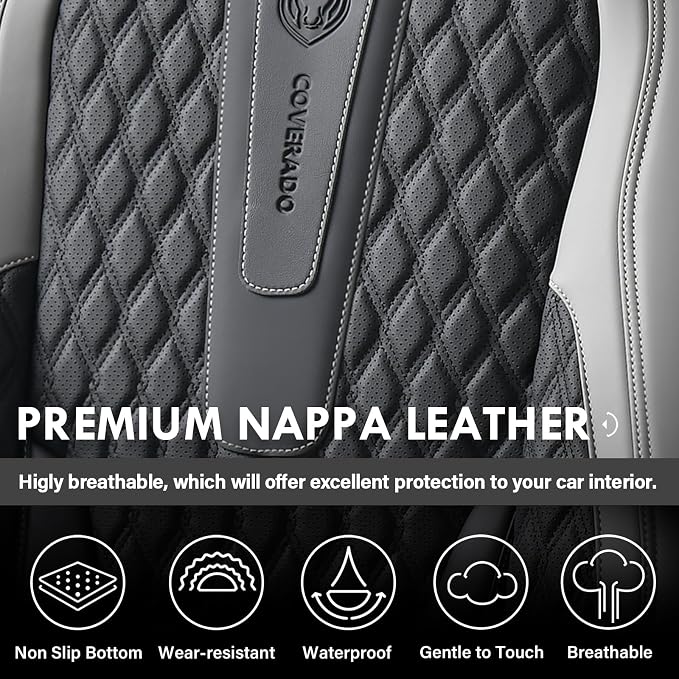 Coverado Front Seat Covers, Nappa Leather Seat Covers for Cars, Waterproof Seat Covers with Lumbar Support Universal Fit for Most Cars SUV Trucks (Front, Black-Gray)