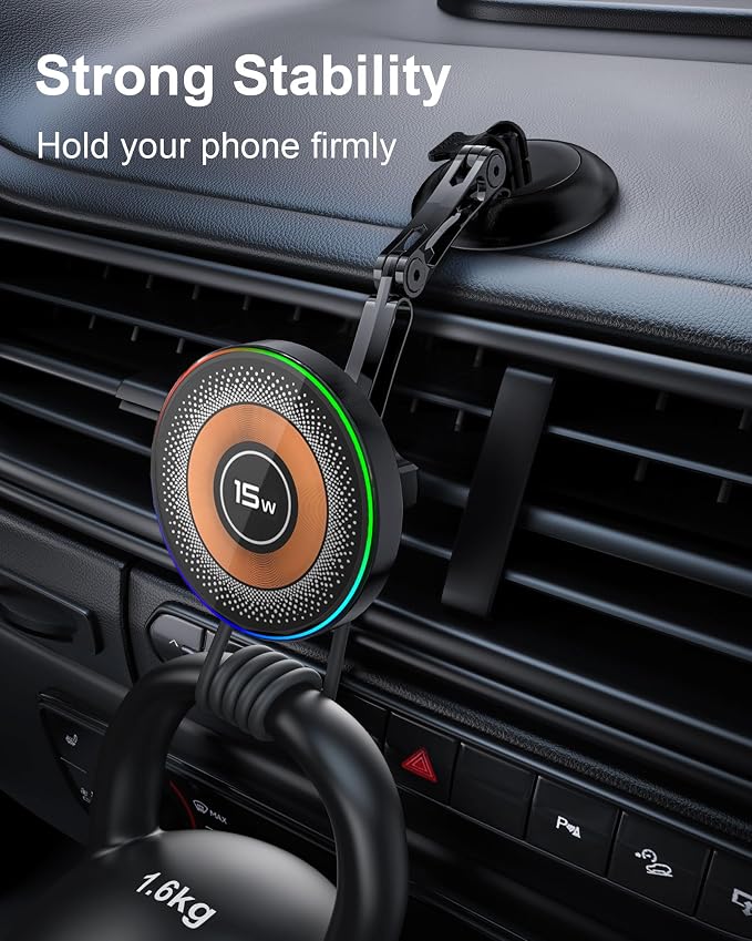 Magnetic Car Phone Holder, 15W for MagSafe Car Mount Charger(Fast Wireless Charging,Vacuum) 360°Adjustable Car Mount for Women Men iPhone 17-12