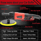 Rotary Buffer Polisher,1200W 6-inch/ 7-inch Car Buffer,Car Polisher Waxer Kit with 6 Variable Speed 1000-3500RPM & 4 Polishing Pads,Detachable Handle for Boat,Car Polishing and Waxing