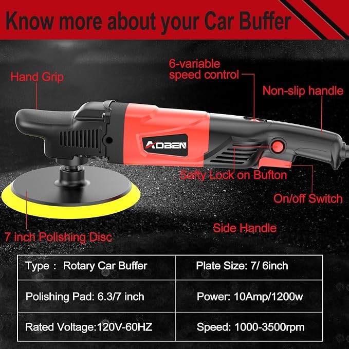 Rotary Buffer Polisher,1200W 6-inch/ 7-inch Car Buffer,Car Polisher Waxer Kit with 6 Variable Speed 1000-3500RPM & 4 Polishing Pads,Detachable Handle for Boat,Car Polishing and Waxing