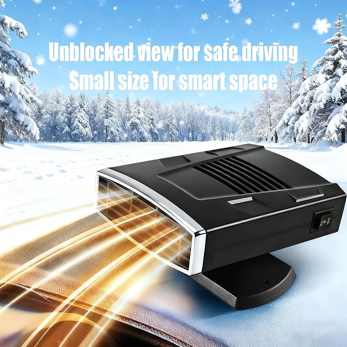 12V Portable Car Heater & Defroster, 200W Fast Heating 360° Rotatable Windshield Defogger Plug into Cigarette Lighter (Black Silver)