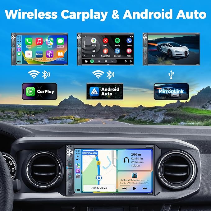 Double Din Car Stereo with Dash Cam, Wireless Apple CarPlay & Android Auto, 240W 4.2CHN, 7" Touchscreen, SWC, Bluetooth, FM/AM Car Radio, 2 Subwoofers Outputs, Backup Camera