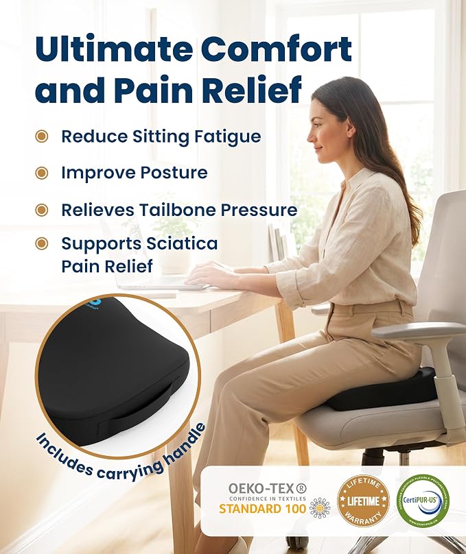 Doctor Recommended Memory Foam Seat Cushion for Office Chairs & Car - Ergonomic Office Desk Accessories - Cushions for Tailbone Pain Relief, Sciatica (Black Cool, Large)
