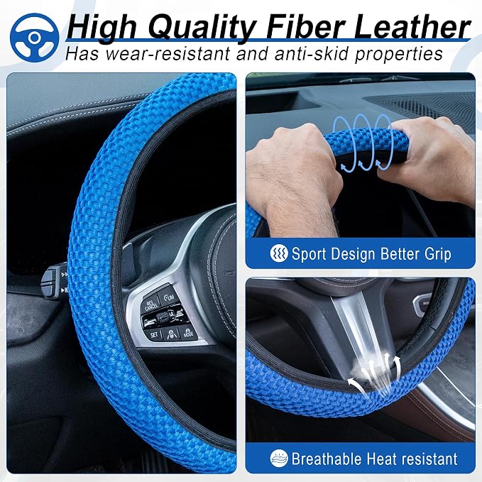 Elastic Stretch Steering Wheel Cover, Universal Interior Accessories Steering Wheel Cover for Women & Men, Breathable Microfiber Ice Silk, Anti-Slip, Odorless, Easy Carry(Blue)