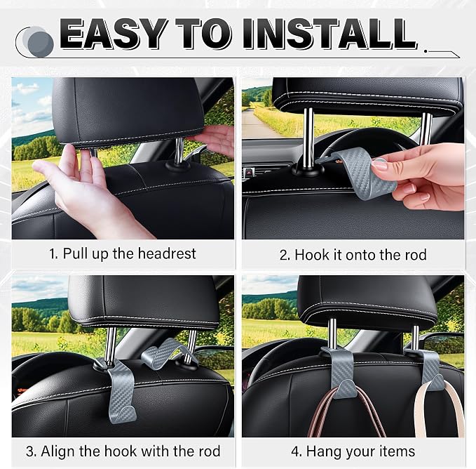 Universal 2 Pack Car Seat Headrest Purse Hook, Carbon Fiber Back Seat Hook Storage Organizer Hanger for Purse Handbag Coat, Car Interior Accessories(Gray)