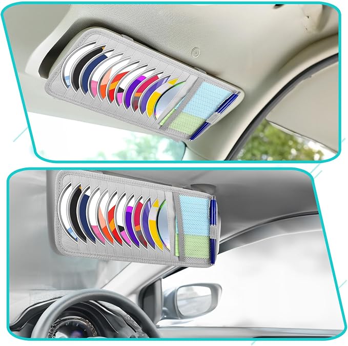 Trinkrittey Gray Car CD Case Holder Vehicle Sun Visor Organizer Vehicle Visor Storage Orangizer Large Capacity CD Visor Case with 12 DVD Storage Sleeves 1 Mesh Pocket 1 Pen Holder and Elastic Strap