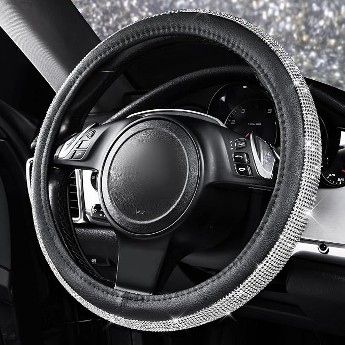Bling Diamond Leather Steering Wheel Cover, with Bling Sparkly Crystal Glitter Rhinestones Universal Fit 14.5in-15in Car Wheel Protector for Women Girl Fit Suvs,Vans,Sedans,Car,Trucks, Silver