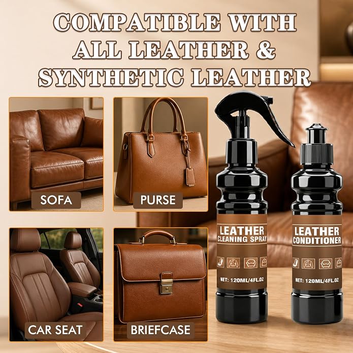 Leather Cleaner & Conditioner Kit - 4pc Set with 4oz Cleaner, 4oz Conditioner, Cloth & Sponge - For Bags, Purses, Furniture and Car Interiors