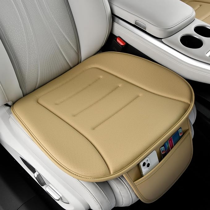 Car Seat Cushion, Comfort Memory Foam Car Cushions for Driving, Breathable Leather Surface with Anti Slip Rubber Bottom, Seat Cushion for Car and Office Chair (1 Pack, Beige)
