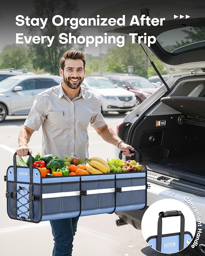 Trunk Organizer for SUV – Car Storage Box with Reflective Strips, Collapsible Car Organizer with Large Capacity, Essential Car Accessories for Truck, Van & Sedan, Blue, 22.1" x 13.0" x 12.0"
