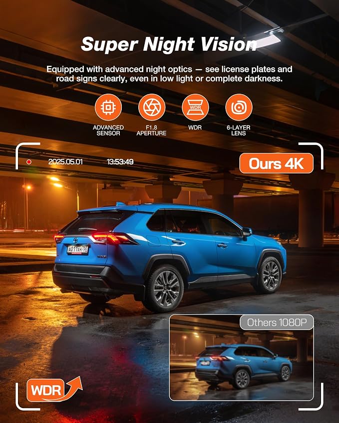 4K Dash Cam Front and Rear, WiFi 6 Dash Camera for Cars, 4K+1080P Dual Dash Camera with APP Control, Night Vision, WDR, G-Sensor, Loop Recording, 24H Parking Mode, Voice Prompt