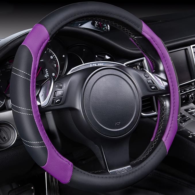 Line Rider Microfiber Leather Sporty 14.5-15 inch Steering Wheel Cover Universal Fits for 95% Truck,SUV,Cars, Anti-Slip Safety Comfortable Design (Black Purple)