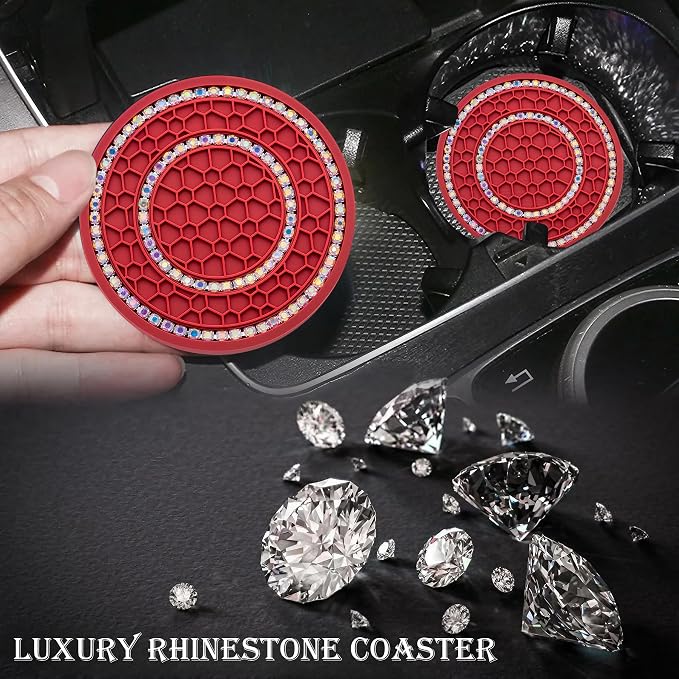 2PCS Bling Crystal Rhinestone Cup Coaster Insert, 2.75 inch Soft Silicone Anti-Slip Shockproof, Car Drink Holder Coaster, Universal Car Interior Accessories for Women (Red & Colorful)