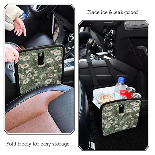 Car Trash Can Organizer Bin with Adjustable Strap for Back Front Seat Console Waterproof Leakproof Collapsible Portable 8.66 Inch Summer Daisy Butterfly Green