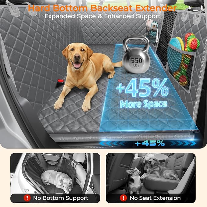 2026 Upgraded Back Seat Extender for Dogs - Large Hard Bottom Dog Car Seat Cover Holds 550lbs, Waterproof Dog Hammock Pet Bed with High-Density Foam Non-Slip Backseat Protector