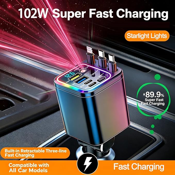7 in 1 Retractable Car Charger,102W Star Lights Fast Charging Car Charger | Car Charger USB C,Car Accessories,Voltage Smart Display,3 Retractable Cables for iPhone 17 Pro/16/15/14,Galaxy S26,Pixel 10